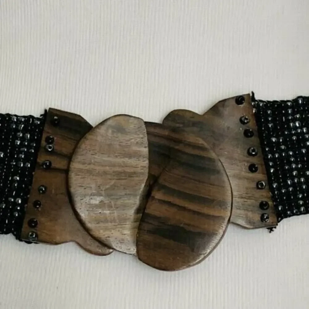 Los Angeles Boutique Beaded Stretch Belt Wood HANDMADE Black Bali Fashion Chic